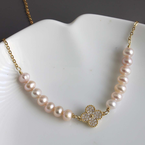 Pave Cross Connector Pearl Necklace