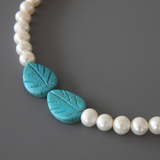 Turquoise Carved Leaves and Pearls Necklace