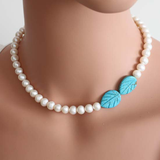 Turquoise Carved Leaves and Pearls Necklace