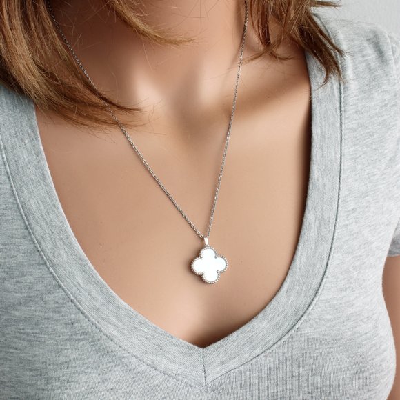 Mother of Pearl Shamrock Pendant with Stainless Steel Chain