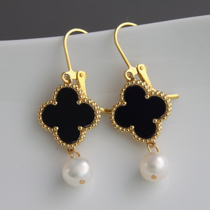 Black Onyx Shamrock Earrings with Pearl Dangle