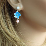 Enamel Flower Earrings with Pearl Dangle
