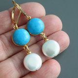 Turquoise and Shell Pearl Two Layer Earrings