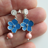 Enamel Flower Earrings with Pearl Dangle