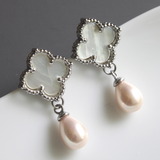 Shamrock Stud Earrings with Pearl Dangle
