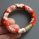 Bead Crochet Red Floral Pattern Bracelet