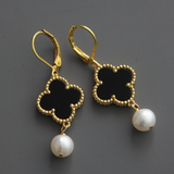 Black Onyx Shamrock Earrings with Pearl Dangle