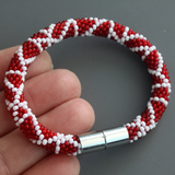 Cherry Red White Pattern Bead Crochet Bracelet