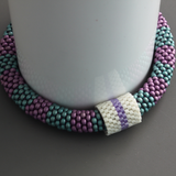 Purple and Teal Green Bead Crochet Roll On Bracelet